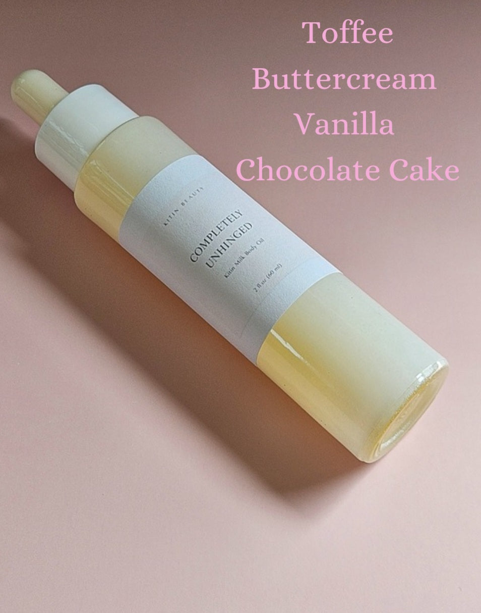 Kitin Milk Body Oil – Completely Unhinged | Smells Like: Buttercream, Toffee, Chocolate, Vanilla Cake | Vibe: Sweet, Chaotic, Can’t Be Controlled