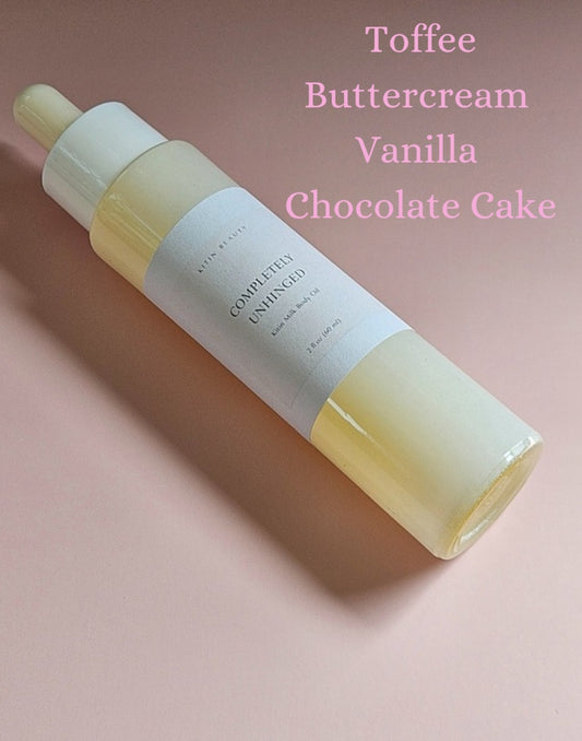 Kitin Milk Body Oil – Completely Unhinged | Smells Like: Buttercream, Toffee, Chocolate, Vanilla Cake | Vibe: Sweet, Chaotic, Can’t Be Controlled