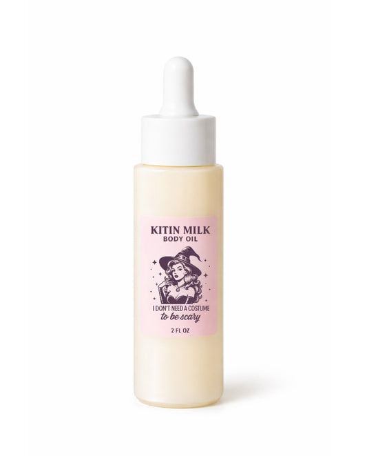 Kitin Milk Body Oil – I Don’t Need a Costume to Be Scary | Smells Like: Candied Cherry, Sugar, Citrus Coconut Vanilla | Vibe: Sweet Playful Sinister