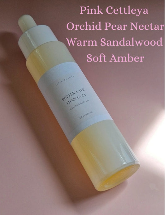 Kitin Milk Body Oil – Better Late Than Ugly | Smells Like: Pear Nectar Pink Orchid Sandalwood Soft Amber | Vibe: Pretty Polished Effortlessly Put Together