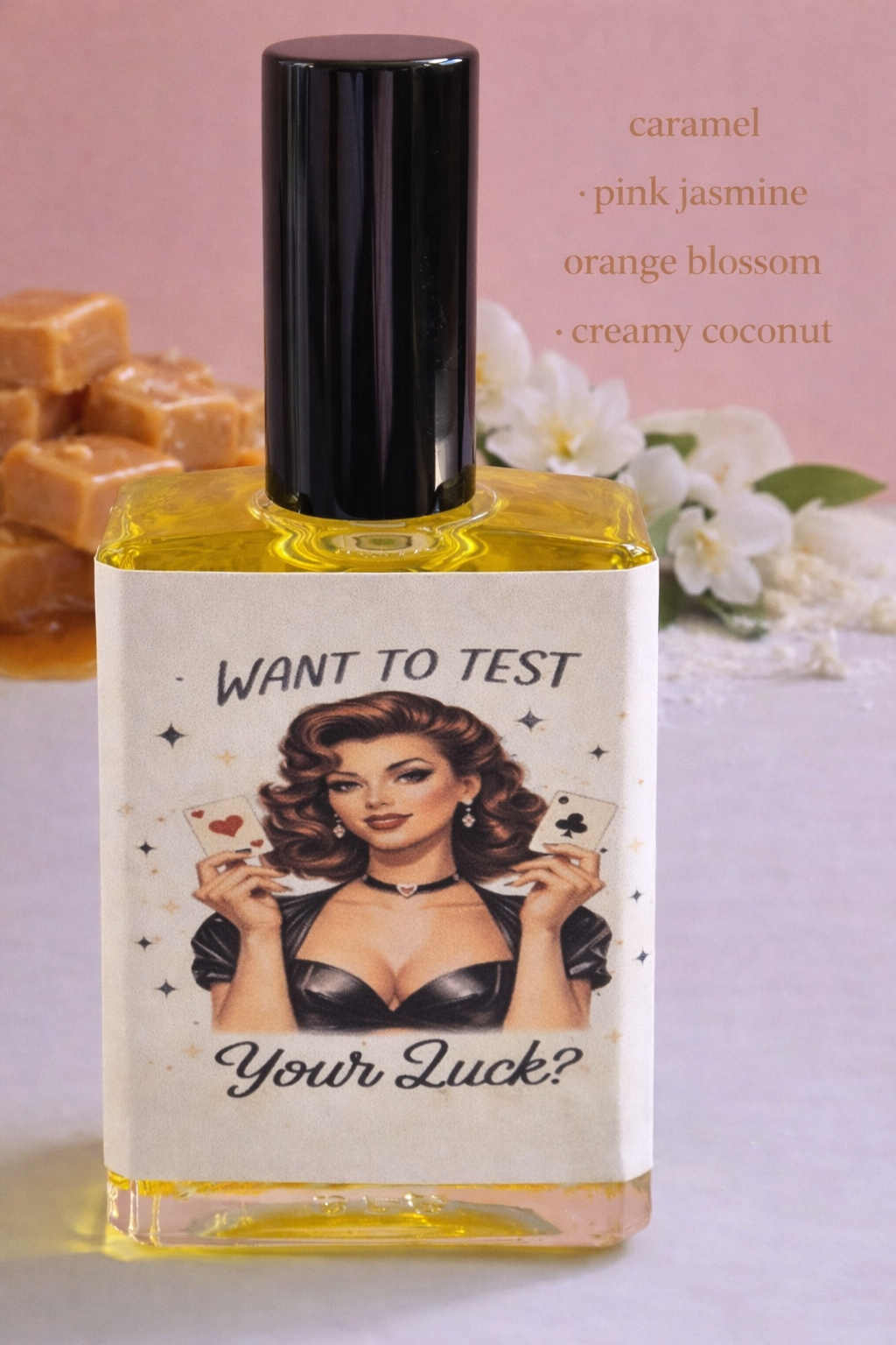 Want to Test Your Luck – Perfume Oil | Smells Like: Juicy Pear, Pink Jasmine Orange Blossom Coconut Caramel | Vibe: Flirty Addictive A Little Risky