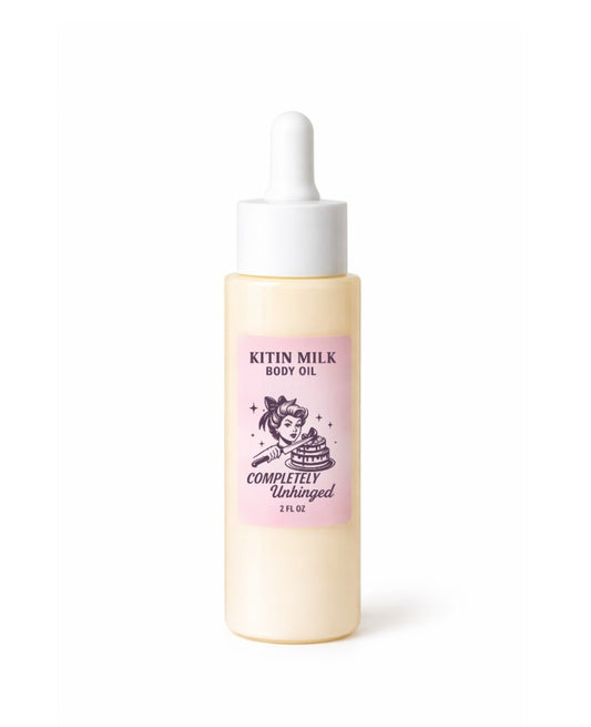 Kitin Milk Body Oil – Completely Unhinged | Smells Like: Buttercream, Toffee, Chocolate, Vanilla Cake | Vibe: Sweet, Chaotic, Can’t Be Controlled